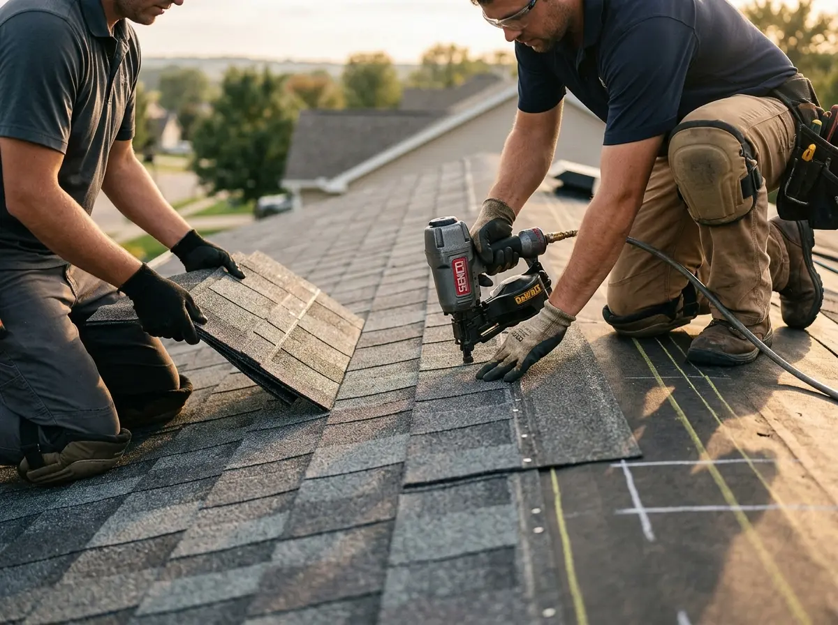 Professional roofer working on a residential roof in Blanchard